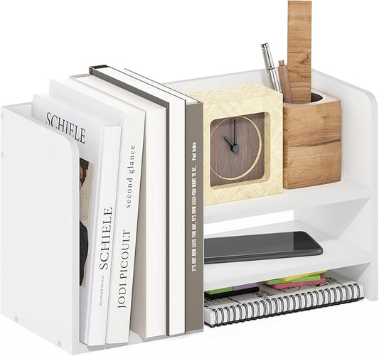 Furinno HERMITE Desk Organizers and Accessories with File Holder, Office Organization, Desk Top Book Shelf, for Office Supplies, Desk Accessories, White