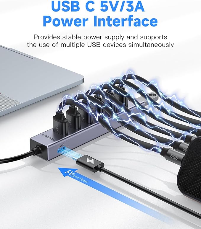 FORIDA USB C Hub-8 Port USB HUB with 7 USB3.0 Data Ports,Aluminum Alloy USBC Splitter with Type C 5V/3A Power Port Compatible with MacBook, iPad, Surface Pro, XPS, Laptop,PC (Gray,USB C-9.8in)