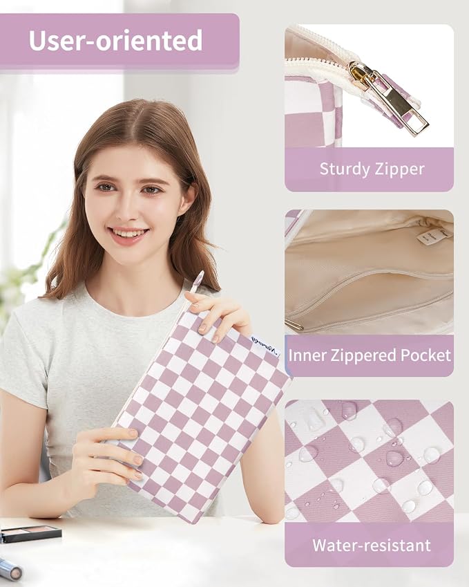 Narwey Small Checkered Makeup Bag for Purse Small Cosmetic Bag Women Travel Makeup Pouch Zipper Pouch (Dusty Rose Checkerboard)