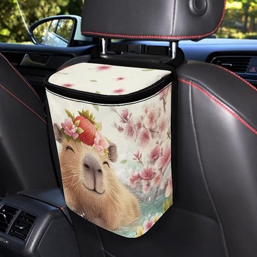 Biyejit Capybara Flowers Cute Car Trash Can with Lid – Multipurpose Collapsible Trash Bin for Car, Leak-Proof Organizer, Waterproof Garbage Can with Storage Pockets & Adjustable Straps