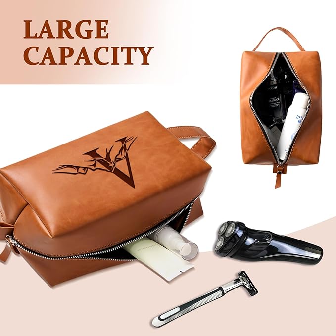 Personalized Gifts Travel Toiletry Bag for Men Engraved Initial PU Leather Waterproof Shaving Bag for Toiletries Accessories Fathers Day Birthday Gift for Men Dad Husband Son, Light Brown D