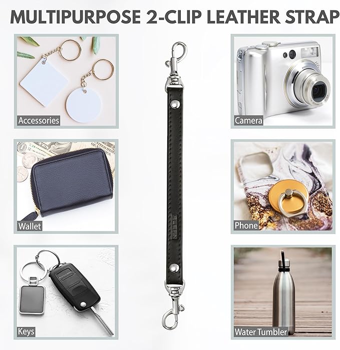Alban Leather 2-Clip Strap for Wallet, Clutch, Wristlet Purse, Keys, Keychain for Women and Men