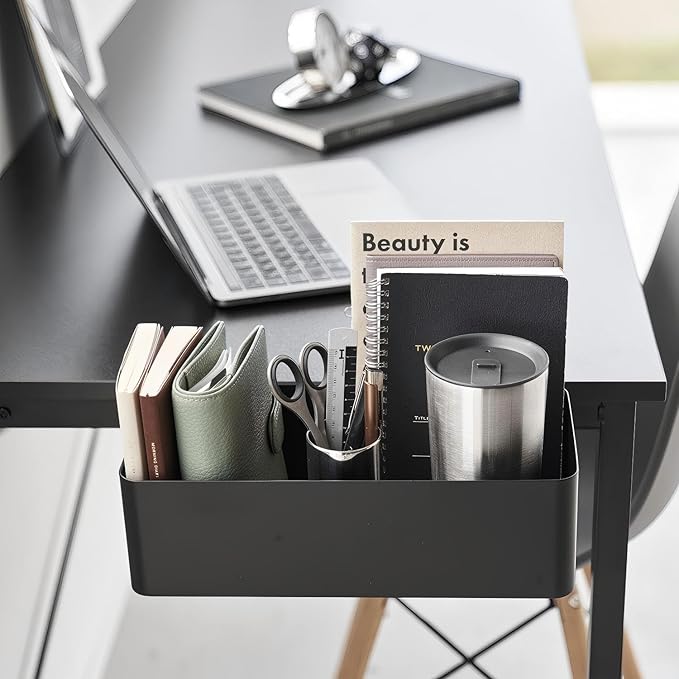 No Drill Desk Side Storage,Hanging Organizer,Clamp on Table Basket,Minimalist,Metal material,To Store Office Accessories, Gaming Devices,Storage for Office & Home,Black
