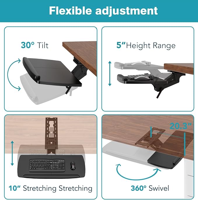 Keyboard Tray Under Desk with Storage Drawer, Height Adjustable Keyboard Tray Slide Out 360° Swivel Tilt, Ergonomic Under Desk Mount Keyboard & Mouse Holder for Gaming Home Office