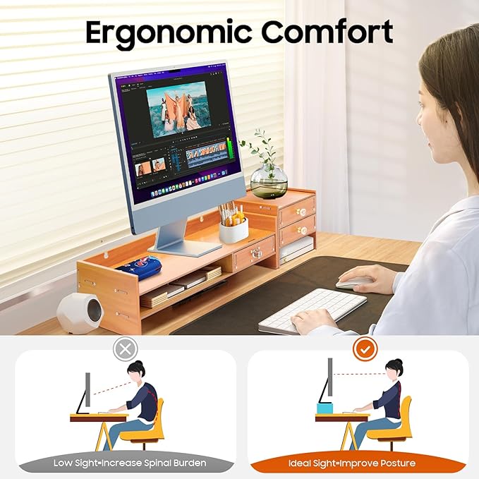 Monitor Stand Riser 25.8" Bamboo Desk Organizer with Drawer and Mobile Phone Holder, Natural Bamboo Shelf for Computer, Laptop, Office Accessories, Multi-Purpose for Home Office