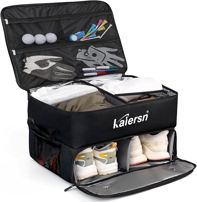 2 Layer Golf Trunk Organizer, Waterproof Car Golf Locker with Separate Ventilated Compartment for 2 Pair Shoes, Golf Trunk Storage for Balls, Tees, Clothes, Gloves, Accessories, Golf Gifts
