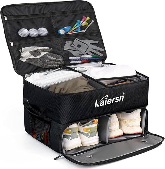 2 Layer Golf Trunk Organizer, Waterproof Car Golf Locker with Separate Ventilated Compartment for 2 Pair Shoes, Golf Trunk Storage for Balls, Tees, Clothes, Gloves, Accessories, Golf Gifts