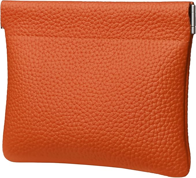 Genuine Leather Squeeze Coin Purse Pouch Change Holder For Men & Women Mini Change Purse Pouch for Pocket, Small Pouch Credit Card Key Headset Lipstick Holder (Orange)