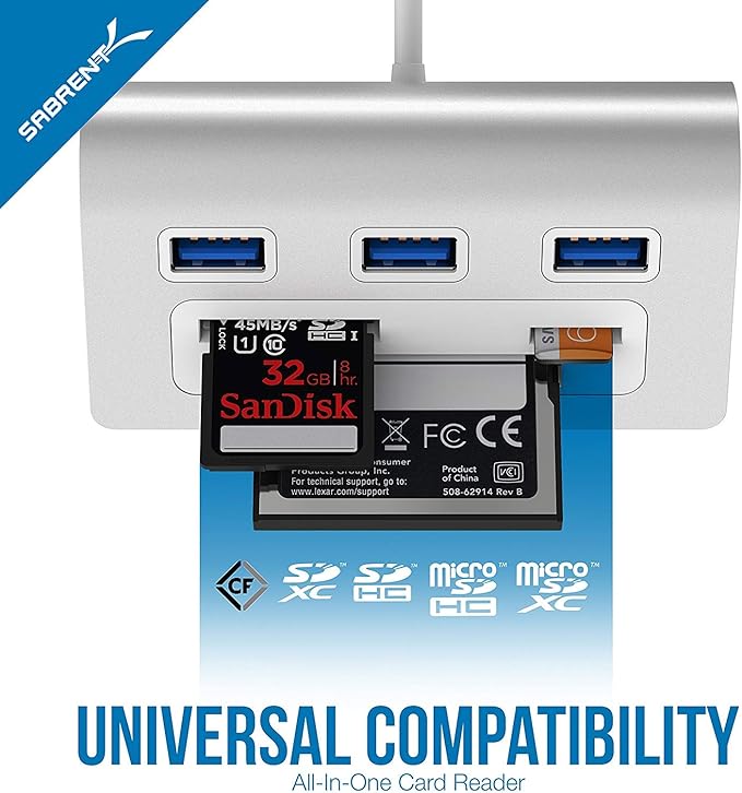 SABRENT Premium 3 Port Aluminum USB 3.0 Hub with Multi in 1 Card Reader (12" Cable) for iMac, All MacBooks, Mac mini, or Any PC (HB-MACR)