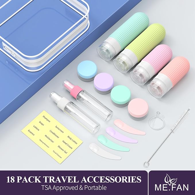 ME.FAN Travel Bottles for Toiletries,18 Pack Silicone Portable Size Bottle, TSA Approved Refillable Cosmetic Container Kits for Conditioner, Shampoo, Lotion,Face Cream - Bright