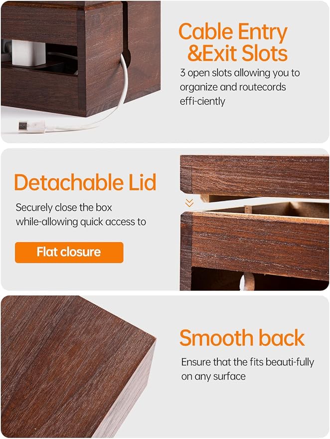 Wood Cable Management Box, Wire Organizer & Cable Hider Box with Lid, Power Strip Protector Boxs for Desk, Floor, Home, Office & Extension Leads – Decorative Cord Organizer