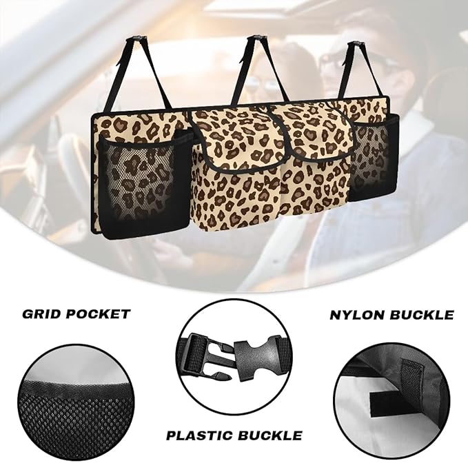 Brown Leopard Car Trunk Organizer Vehicle Seatback Hanging Storage Container with Pockets Sapce-saving Car Interior Accessories