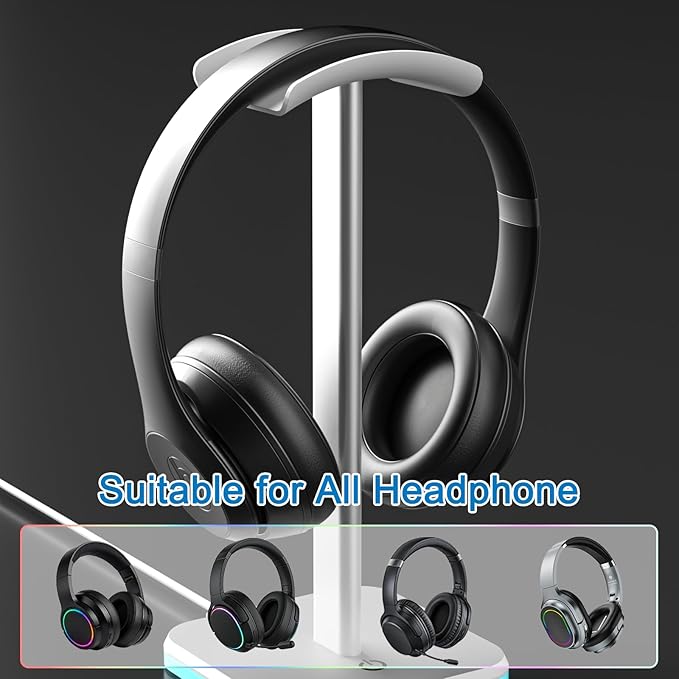 Headphone Stand for Desk - Headset Stand with Aluminum Hanger, Headphone Holder for AirPods Max, Sony, Bose, Beats and More (RGB-White)