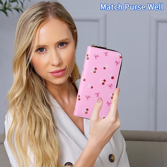 Cherry Wallets for Women Large Capacity 2 Zipper Fruit Ladies Purse Bow Credit Card Holder Pink