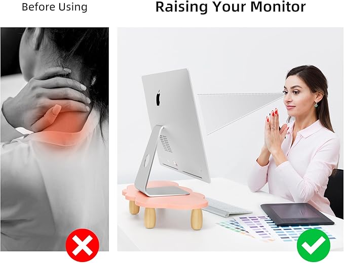 AFOOYO Monitor Stand Riser,Cloud Shape Wood Computer Monitor Stand, 16.5IN Monitor Stand Riser, Multi-Purpose Desktop Organizer Riser for Computer,Laptop,Printer,TV,Pink