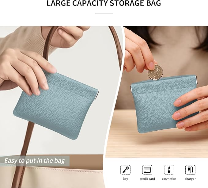 Genuine Leather Squeeze Coin Purse Pouch Change Holder For Men & Women Mini Change Purse Pouch for Pocket, Small Pouch Credit Card Key Headset Lipstick Holder (Blue)