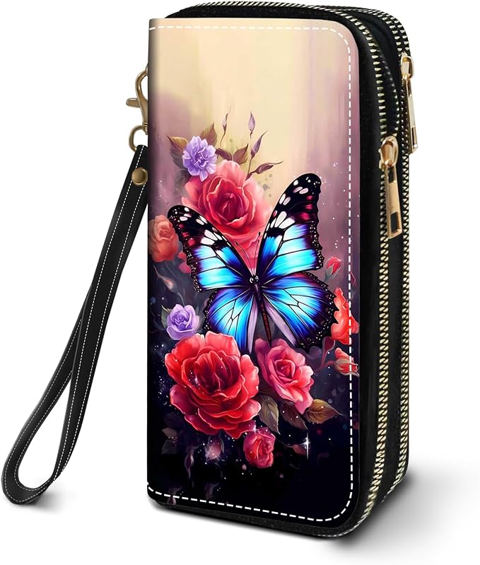 Women's Large Capacity Wallet PU Leather Double Zipper Clutch Purse Multifunctional Wallet with Removable Wristlet Strap for Smart Phone/Coin/Card/Cash, Flower Butterfly
