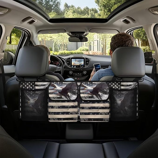 Hanging Organizer for Car Trunk American Flag Eagle Auto Back Seat Storage Bag with 2 Pockets 2 Mesh Pouches Collapsible Detachable Automotive Interior Accessories