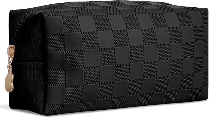 Checkered Makeup Bag for Purse - Cute PU Leather Travel Cosmetic Pouch for Women, Portable Flat Toiletry Organizer with Gold Zipper(black)