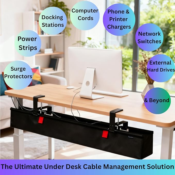 Under Desk Cable Management Tray, 36" Large No Drill Cord Organizer with Easy to Clean Oxford Fabric, Clamp On Power Stripe Holder for Home Office & Gaming Space to Hide Wires