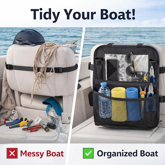 Boat Seat Organizer, Waterproof Marine Storage Bag with Mesh Pockets, Large Capacity Backseat Storage for Boat Accessories, Fishing Gear, Tools
