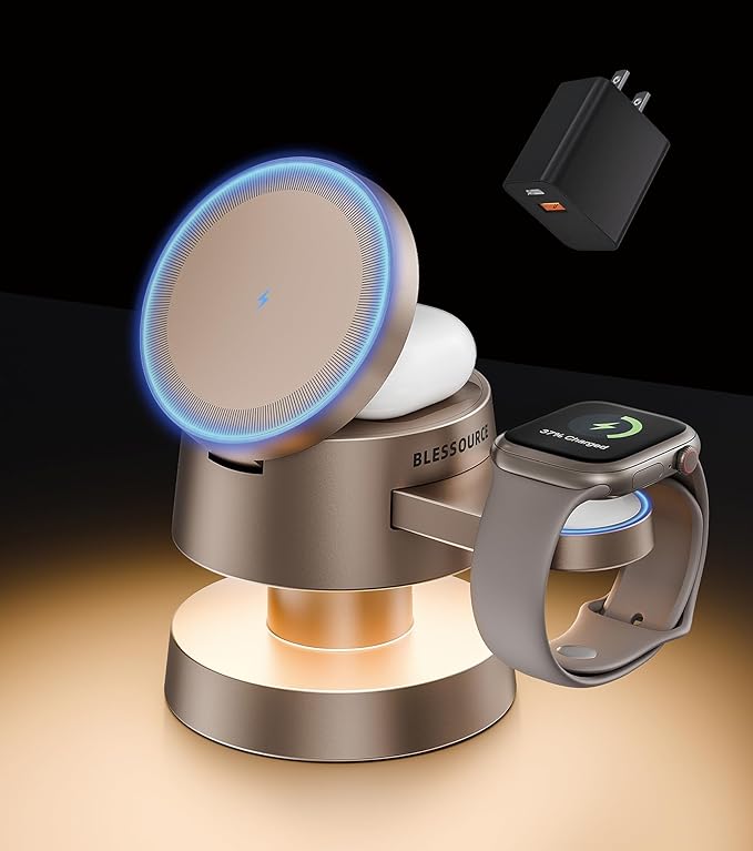 4-in-1 Magnetic Wireless Charging Station for iPhone 17/16/15/14 Pro Max, with Night Lamp and 20W Adapter Wireless Charging Station Fast Charging for Apple Watch, Earphones & Multiple Devices