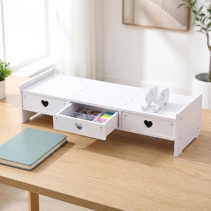 Computer Monitor Stand Riser with 3 Drawers - No Assembly White Desk Organizer & Laptop Shelf - Waterproof Desktop Storage for Home Office, School Dorm & Vanity - 3-Tier Space-Saving Design