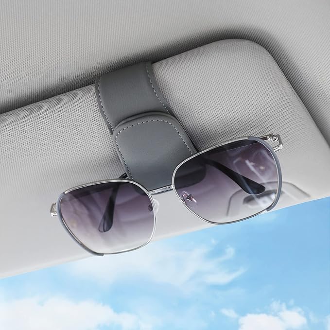 KanSmart Sunglass Holder for Car Visor Sunglasses Clip Magnetic Leather Glasses Eyeglass Holder Interior Car Accessories for Woman Man - 2 Packs Gray