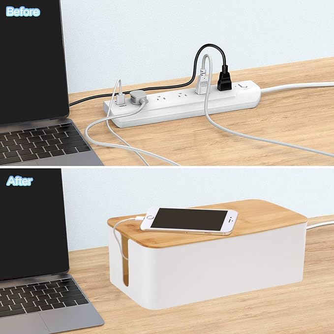 Cable Management Box Organizer, Set of 2 Bamboo Lid Large Storage Wire Holder to Conceal Hide Surge Protector, Power Strips Cord on Desk Floor, with 5 Cables Tape for Home Office Computer TV USB Hub