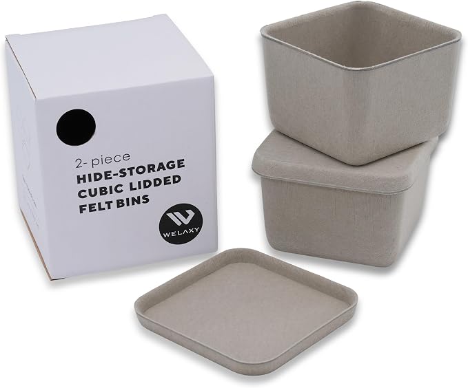 Welaxy 2-piece cubic lidded felt drawer organizer bin desktop stackable storage container with lid decluttering home office for jewelry watch clips binder office supplies (Stone)