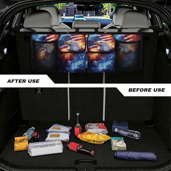 American Flag Car Trunk Organizer,Lightning Flame Eagle Collapsible Large Capacity Auto Backseat Hanging Storage Bag with Adjustable Strap & 4 Pockets Not Easy to Fade Machine Washable