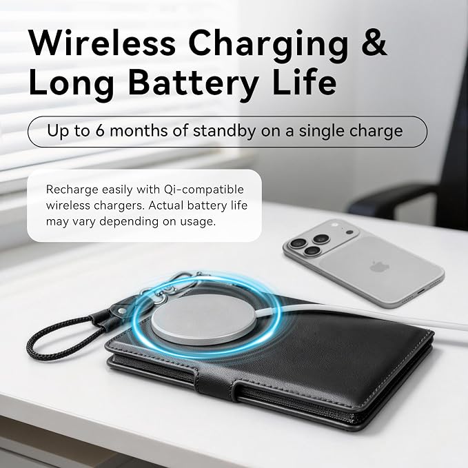 Passport Holder for Travel, RFID Blocking Card Wallet, Apple MFi Certified Smart Passport Cover Works with Find My, Rechargeable Travel Wallet with Lanyard, PU Leather, Black