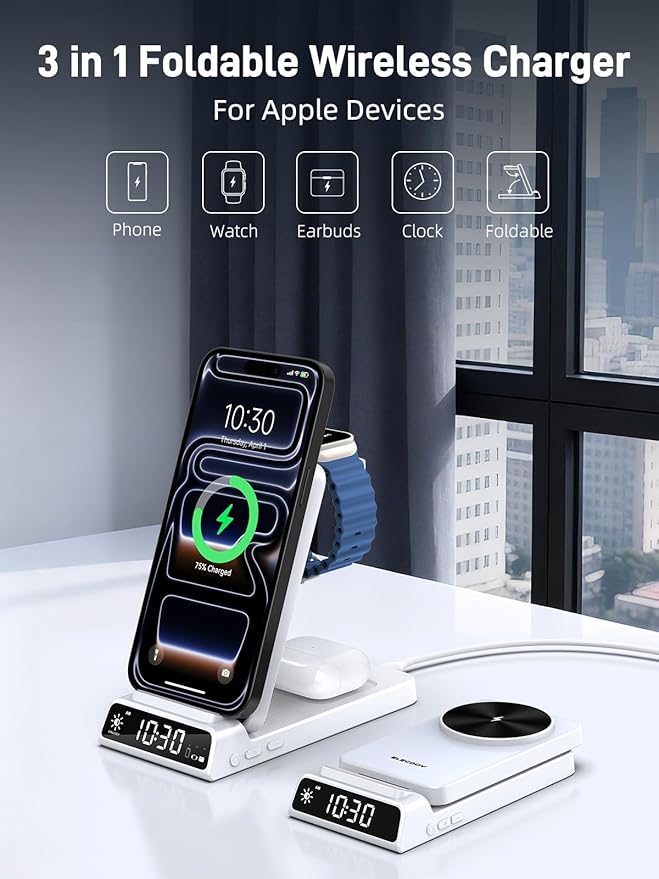 3 in 1 Charging Station for Apple, Magnetic Charger for iPhone, Foldable Wireless Charger with Clock, Travel Watch Charger Stand for iPhone 17/Air/16/15 Series, iWatch 10/AirPods 4 (White)