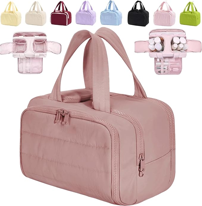 Travelfree Toiletry Bag, 4-in-1 Puffy Multi-functional Toiletry Bag for Women, Large Capacity Travel Cosmetic Bag, Dry and Wet Separation Bag, Makeup Bag Organizer with Handle(Upgrade-Dark Pink)