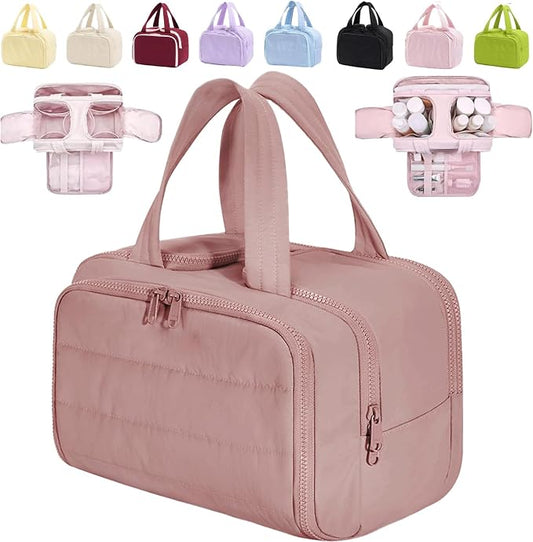Travelfree Toiletry Bag, 4-in-1 Puffy Multi-functional Toiletry Bag for Women, Large Capacity Travel Cosmetic Bag, Dry and Wet Separation Bag, Makeup Bag Organizer with Handle(Upgrade-Dark Pink)
