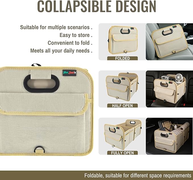 PAT SAM'S Trunk Organizer for SUV, Foldable Car Storage Organizer with Dividers, Waterproof Oxford, Collapsible Car Storage Box with Pockets for Grocery, Tools, Travel (Beige)