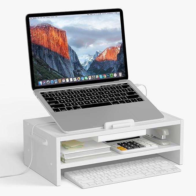 Adjustable Wood Laptop Stand, Ergonomic Height Angles Computer Holder Riser for Desk Compatible with Air, Pro, Dell, HP, Lenovo More 10-17.3" Laptops, White