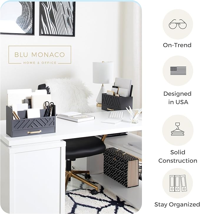 BLU MONACO | Wooden Mail Organizer with Drawer Gold Handle | Mail Sorter Organizer Countertop and Outgoing Mail Holder | Tabletop Organizer with Drawers Grey Desk Storage