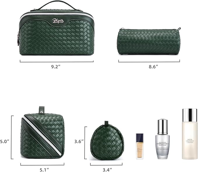 BOYATU Travel Makeup Bag Cosmetic Bags for Women: Large Capacity 3 Pcs Set Make up Bag with Compartments - Waterproof Vegan Leather Toiletry Organizer Bags with Handle (L06 Olive)