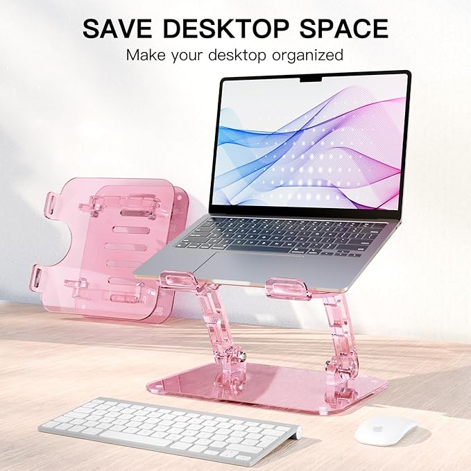 Pink Acrylic Adjustable Laptop Stand,Adjustable Height Foldable Laptop Riser for Desk, Clear Portable Laptop Holder Ergonomic Computer Stand,Compatible with 10-17.3??Laptops (Pink)