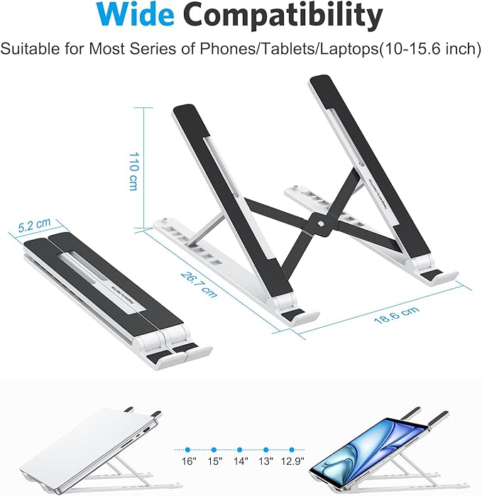 OMOTON Laptop Stand, Laptop Stand for Desk Ergonomic 7-Levels Angles Adjustable Computer Stand, Portable ABS Laptop Riser Holder Compatible with All Laptops and iPad（10-15.6", White