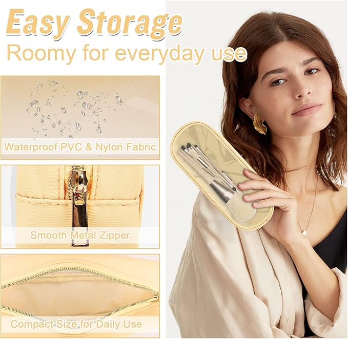 Nylon Small Clear Makeup Bag Slim Pencil Pouch, Cute Makeup Bag Preppy Cosmetic Zipper Pouch Pencil Case for Purse, Travel PVC Toiletry Bag Clutch Coin Pouch Makeup Brush Bag for Women Girls(Beige)
