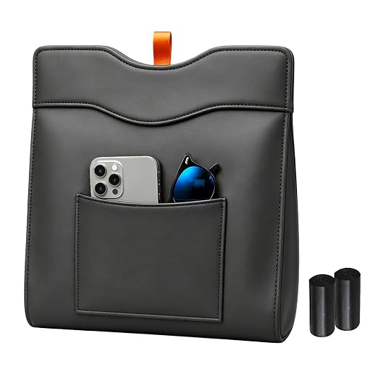 Leather Car Trash Can, Leakproof Car Garbage Can Storage Pocket, Magnetic Liner-Hold, Waterproof Faux Leather Car Trash Bin with Metal Hooks, Odor-Lock Hanging Car Trash Bin for SUV, Sedan, Truck