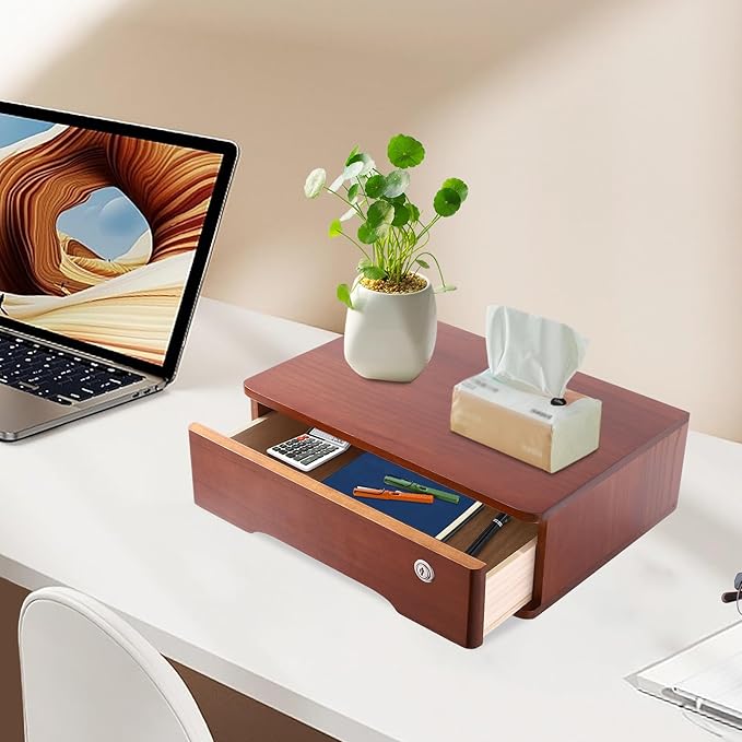 Desk Organizer with Drawer, Wooden Desktop Storage Box with Lockable Office Supplies Drawer Organizer Tabletop Storage Multifunctional Desktop Storage Box for Office Study Dresser（Walnut Color）