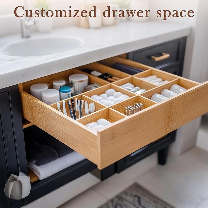 18 Pack Bamboo Drawer Dividers Inserts 3 Sizes Adjustable for Drawer Organizers Kitchen Utensils Storage Home Office Bathroom Dresser Cosmetic, 7.1 x 2.3 in, 4.7 x 2.3 in, 3.15 x 2.3 in