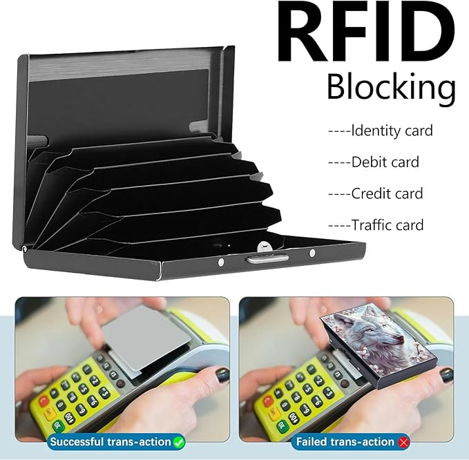 Credit Card Holder, Cute Wolf Design Mini RFID Blocking Aluminum Wallet Slim Metal Hard Case Shell Travel Wallet ID Case Small Credit Cards Case Business Cards for Women Men Girls