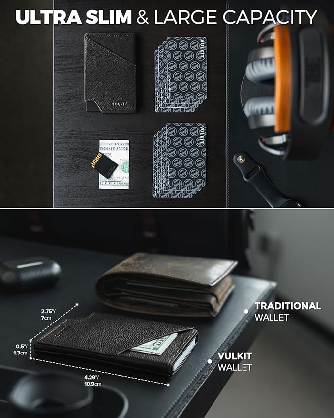 VULKIT Pop up Card Wallet Genuine Leather RFID Blocking Slim Aluminum Metal Bank Card Holder Case with Business Money Pocket for Credit Cards Notes and Coins Black