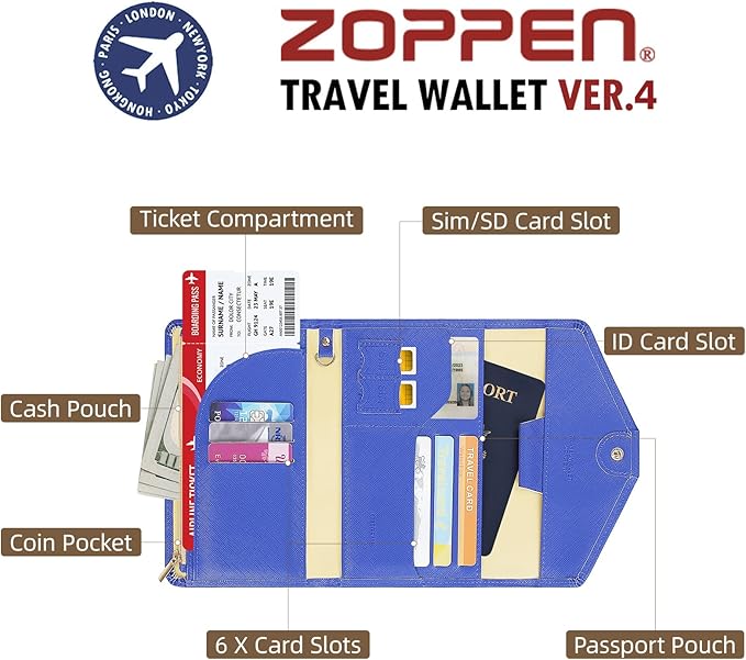 ZOPPEN Mulit-purpose Rfid Blocking Passport Holder Travel Wallet (Ver.4) Passport and Vaccine Card Holder ComboTri-fold Document Organizer Travel Essentials