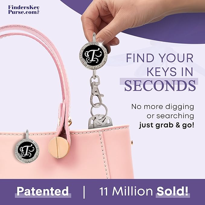 Women’s Bag Charm Key Finder, Car Keychain Hook, Cute Purse Organizer & Tote Bag Accessories, Gifts for Mom - Monogram Letter