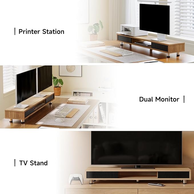 Fenge Dual Monitor Stand, 42.5inch Long Monitor Stands Riser for 2 Monitors, Sliding Door with Storage Organizer Stand for Desk, 2 Tier Desk Shelf for Laptop, Pc, Printer, Computer, TV